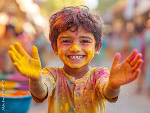 Joyful Child with Colorful Hands Celebrating Holi Festival of Colors 7 photo