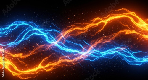 Clash of Elements: A mesmerizing dance of opposing forces, where fiery orange and electric blue energy streams intertwine in a captivating spectacle.