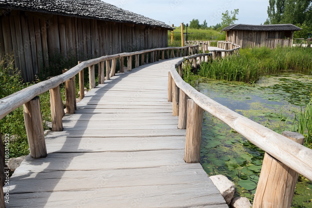 Obraz premium Wooden boardwalk path curves near lake, historical buildings