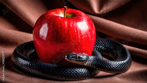 a glossy black snake coiled around a large, vibrant red apple