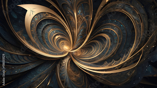 Futuristic fractal pattern with intertwining geometric shapes and metallic sheen. photo