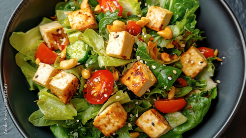 Crisp salad with tofu and peanuts featuring a vibrant mix of greens and vegetables perfect for a healthy meal