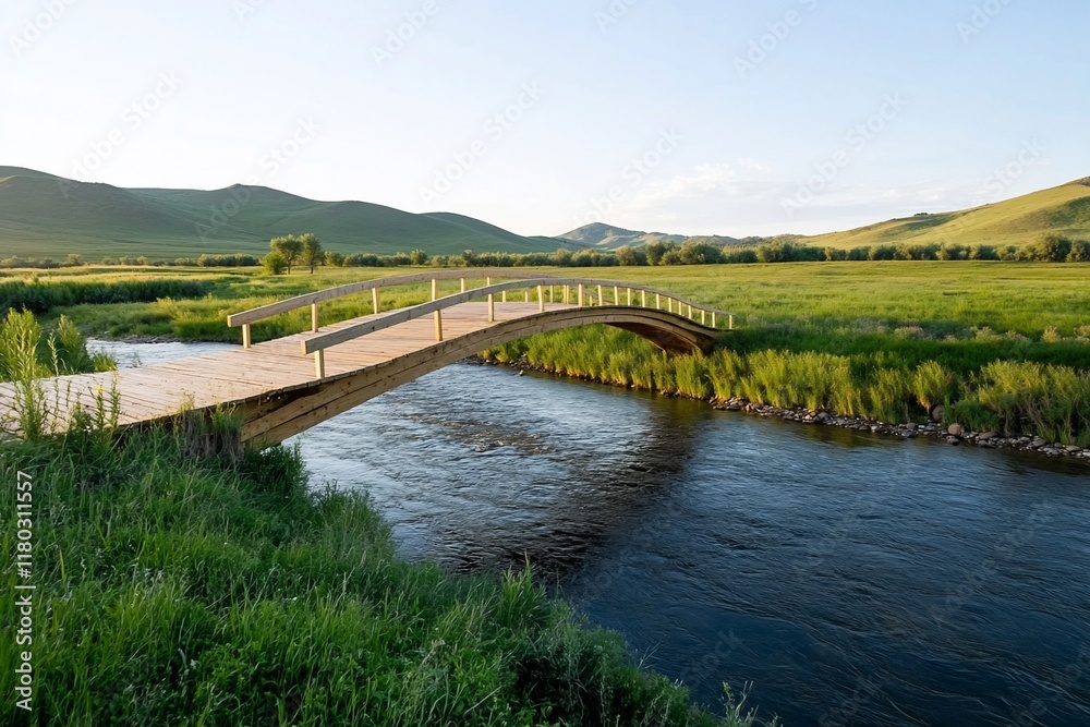 Wooden bridge over river, serene grassland, sunset