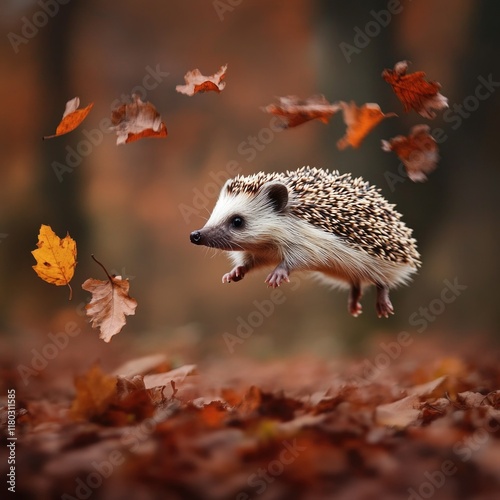 A dynamic image of a hedge jumping high in the air, surrounded by flying leaves photo