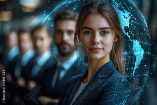 A woman stands among a group of professionals, likely at a meeting or conference