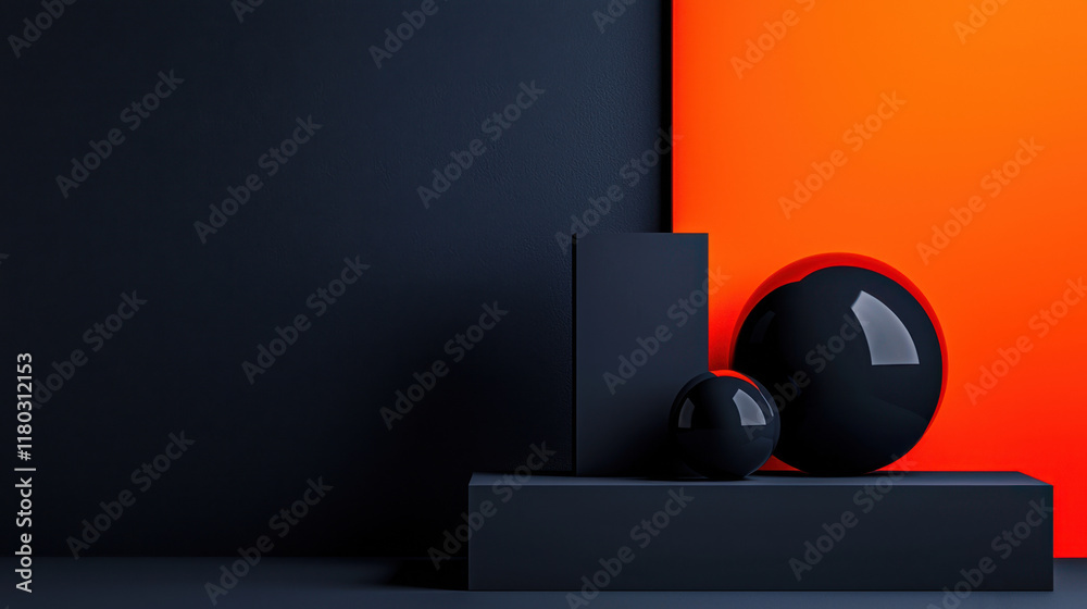A black and orange background with three spheres and two boxes A black and orange background with three spheres and two boxes