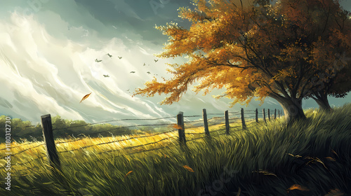 Breezy morning, windbreak trees sway. Meadowfall. Illustration