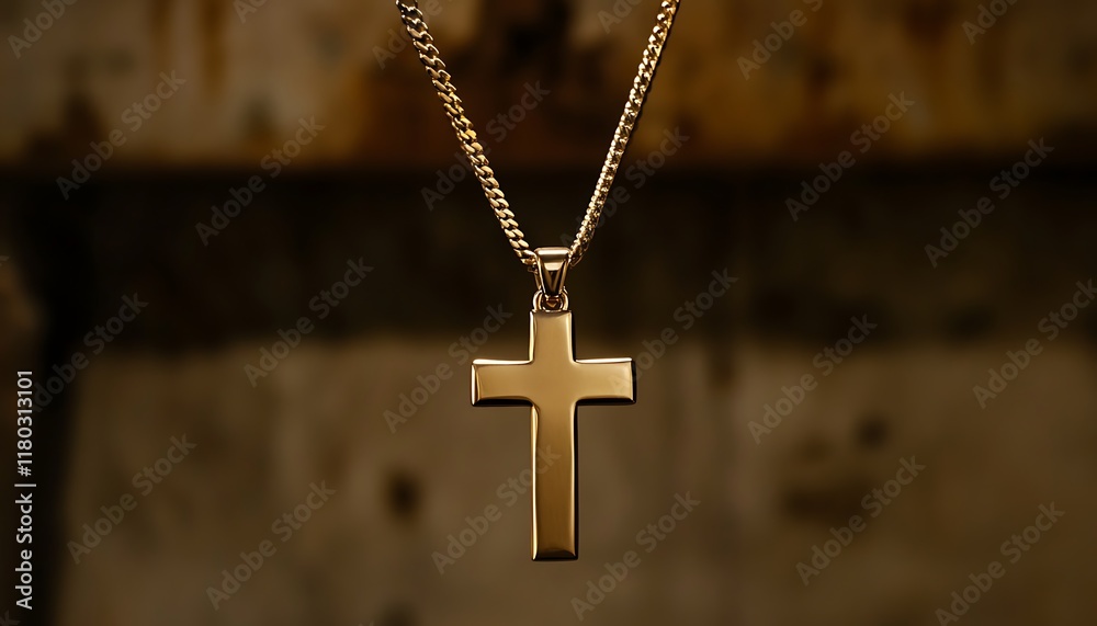 A golden cross pendant hanging from a chain against a textured background. A golden cross pendant hanging from a chain against a textured background.
