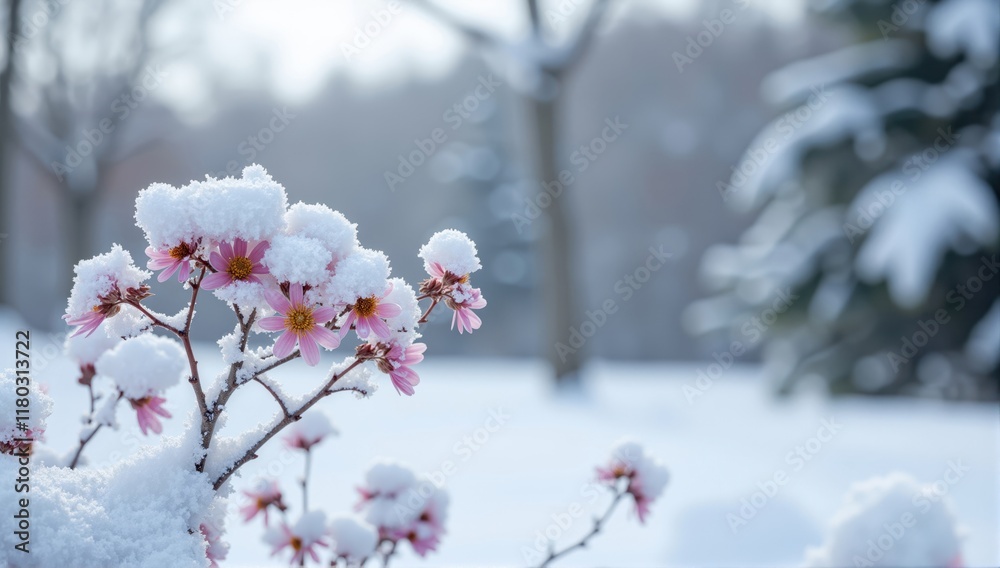 Delicate pink flowers covered by fresh snow in winter landscape