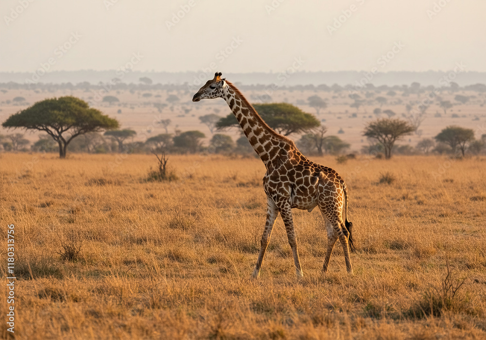 Obraz premium One giraffe walk through the savannah between the plants