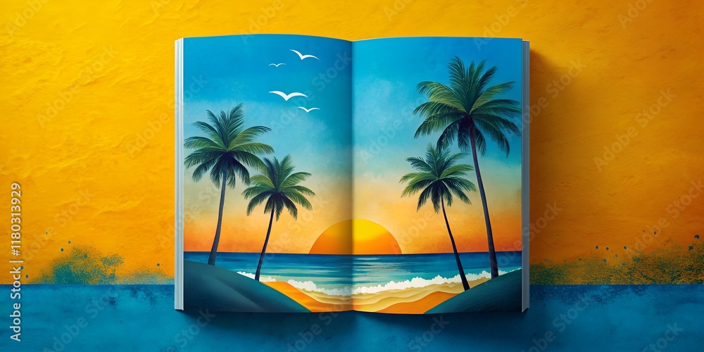 Obraz premium Vivid beach landscape painted in an open book against a fiery sunset with palm trees swaying softly by the shoreline