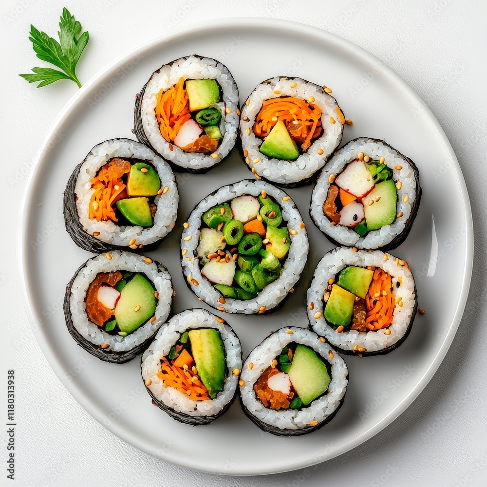 Fresh sushi rolls arranged on a plate, showcasing colorful vegetables and seafood fillings, garnished with green herbs. Fresh sushi rolls arranged on a plate, showcasing colorful vegetables and seafood fillings, garnished with green herbs.