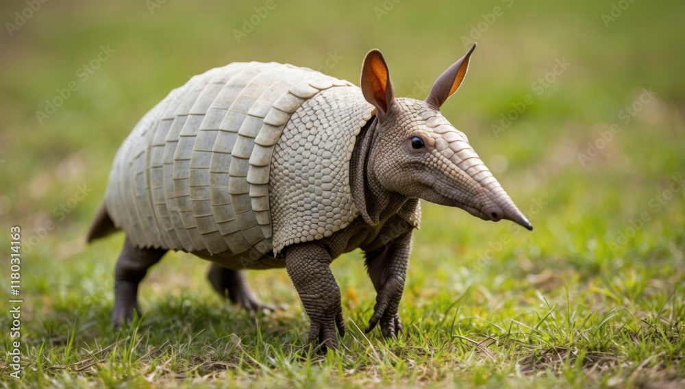 Obraz premium A curious armadillo with its distinctive armored shell, walking across a grassy field under the warm sunlight, capturing the unique beauty and charm of this unusual creature in its natural habitat