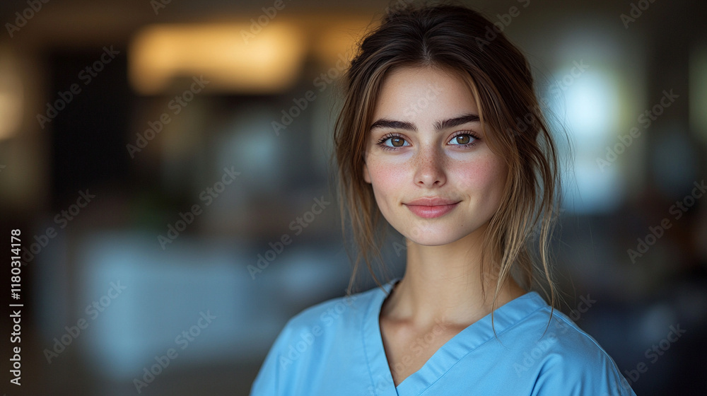 Smiling medical professional beautiful female in pastel scrubs in a blurred hospital setting conveying warmth care and trust with empty blank caption space on the side for customizable messages

