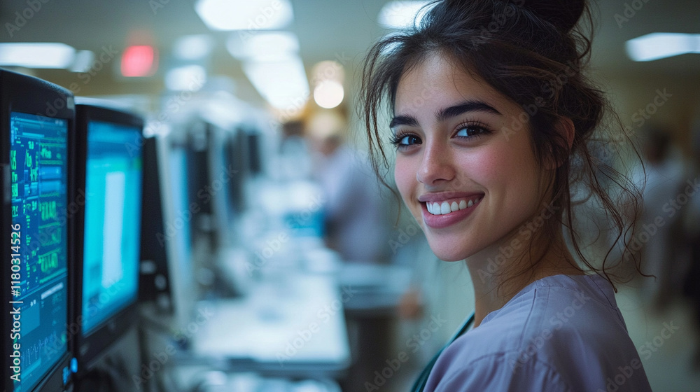 Smiling medical professional beautiful female in pastel scrubs in a blurred hospital setting conveying warmth care and trust with empty blank caption space on the side for customizable messages
Smiling medical professional beautiful female in pastel scrubs in a blurred hospital setting conveying warmth care and trust with empty blank caption space on the side for customizable messages