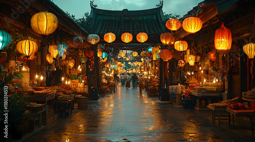 Evening market street scene with lanterns, Hoi An, Vietnam. photo