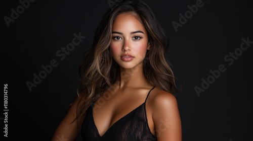 A woman in a black dress with long hair and a large bust