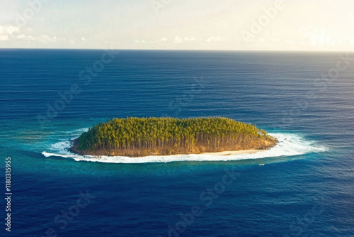 A small island is surrounded by a large body of water photo