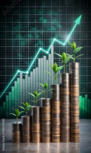 Growing wealth through investment strategies with rising profits represented by coins and plants