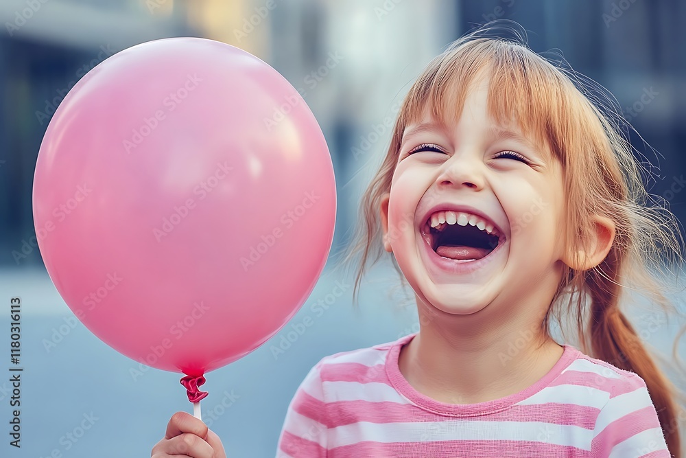 A joyful child laughing while holding a pink balloon outdoors.