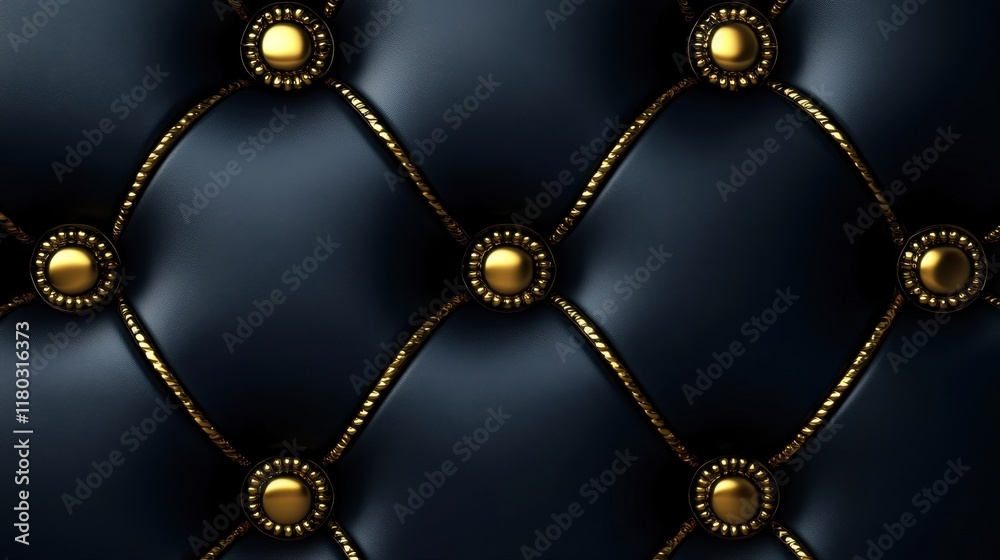 A close up of a black leather couch with gold buttons A close up of a black leather couch with gold buttons