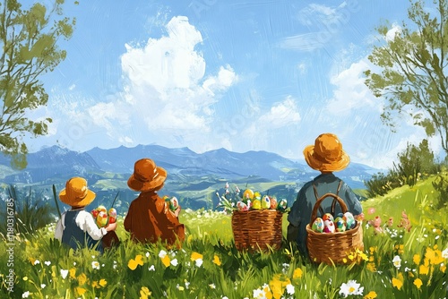 Children in hats with Easter egg baskets sitting in a sunny meadow