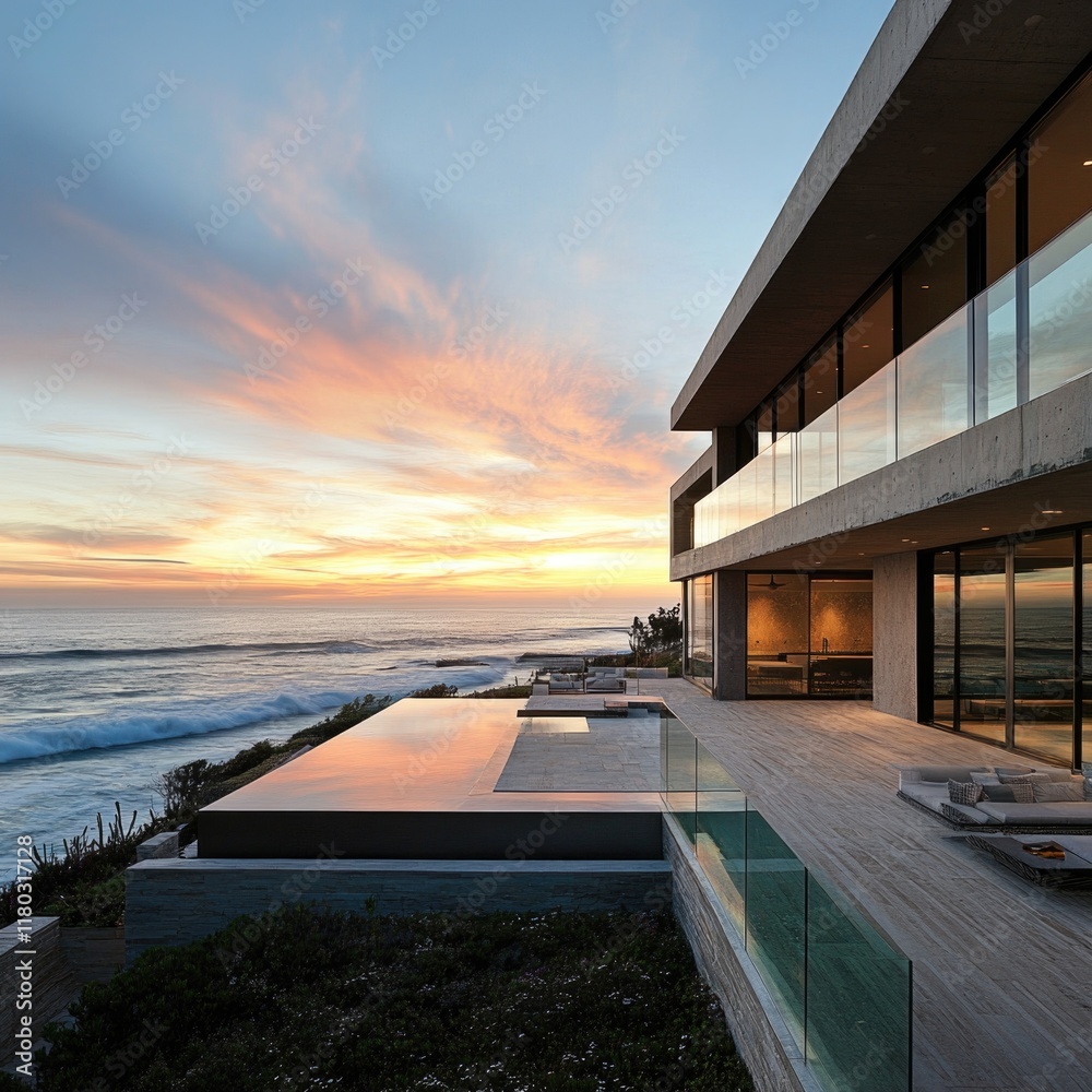 Fototapeta premium A modern home situated near the coastline, capturing the beauty of a sunset