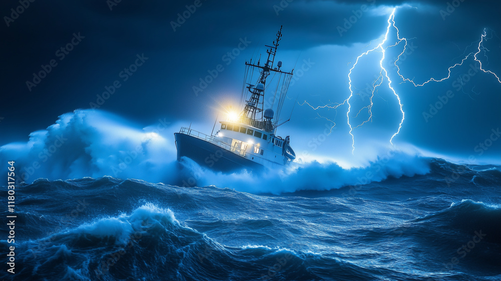 Obraz premium A lone ship battling massive ocean waves during a thunderstorm, with lightning illuminating complex water patterns