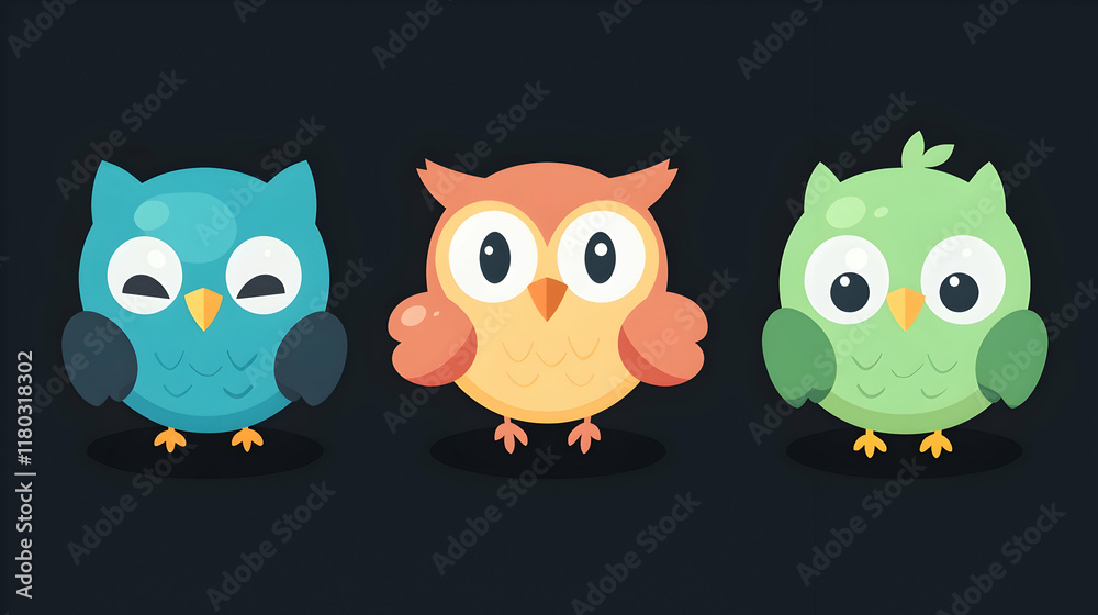 Fototapeta premium Cute cartoon owls in a row against a dark background.