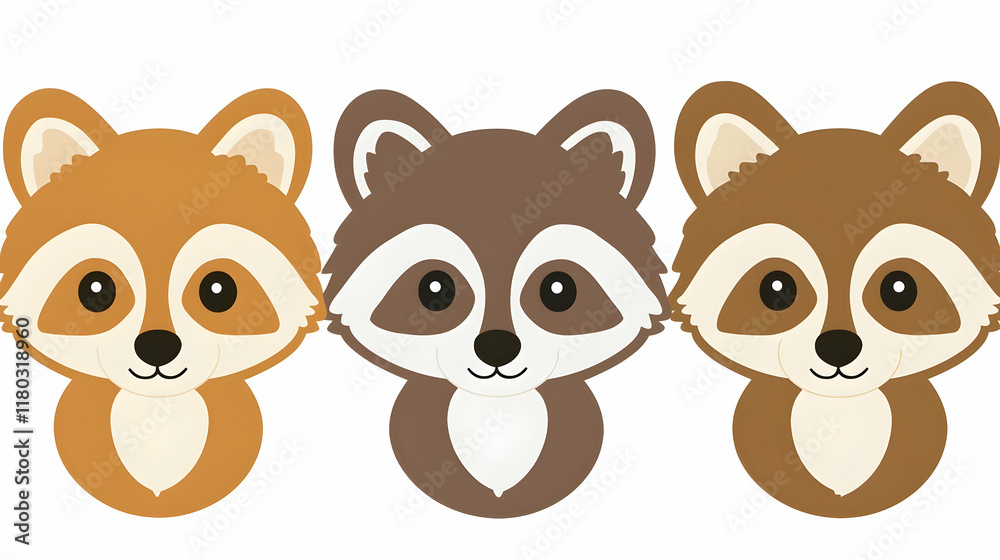 Fototapeta premium Cute cartoon raccoon heads in a row against a plain background.