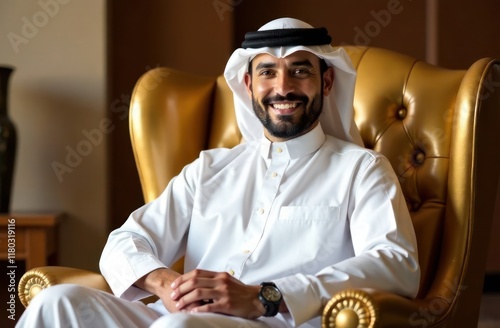 smiling middle eastern man in traditional arabic attire sitting on luxurious leather armchair. concept of cultural heritage and elegance. business, lifestyle, hospitality