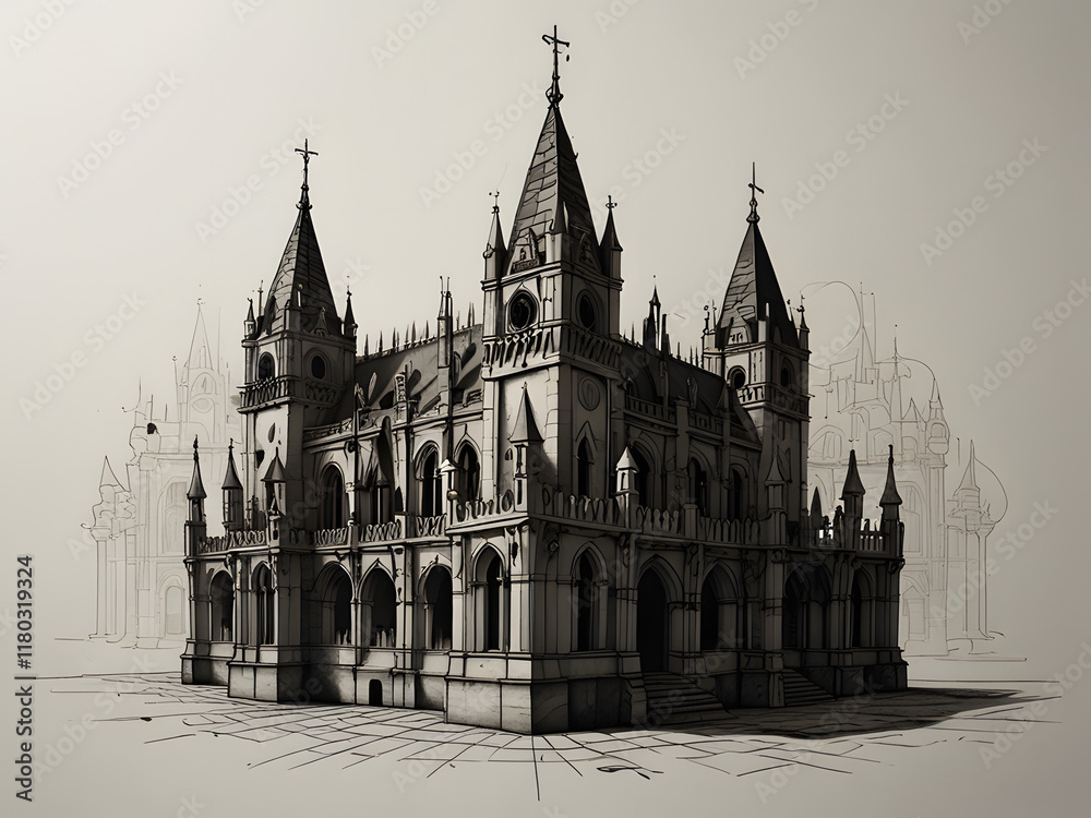 Fototapeta premium a gothic building with different patterns and that there were a lot of towers with crosses in black and white, with shadows in pencil version. perspective and from the bottom