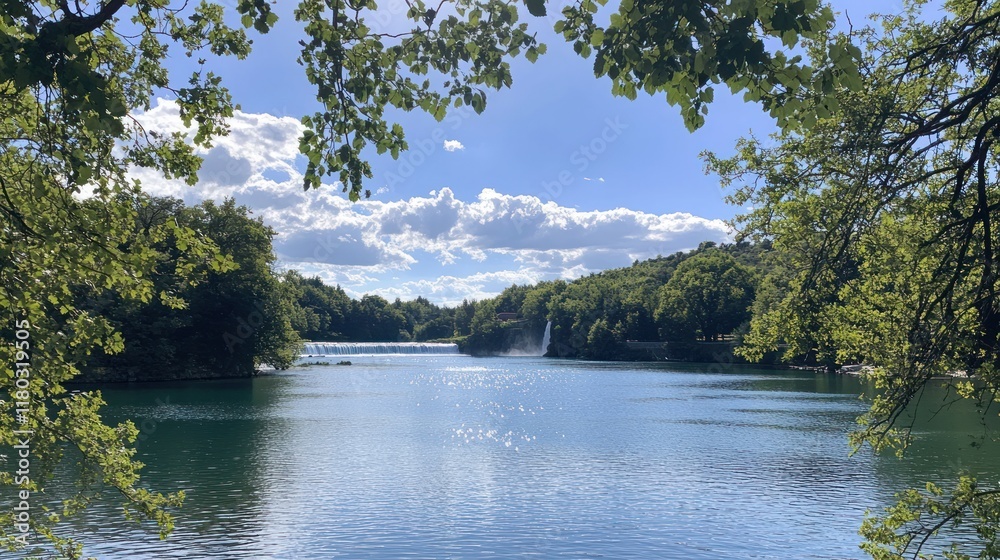 Lake view with green trees & fountain in background, scenic travel use Lake view with green trees & fountain in background, scenic travel use
