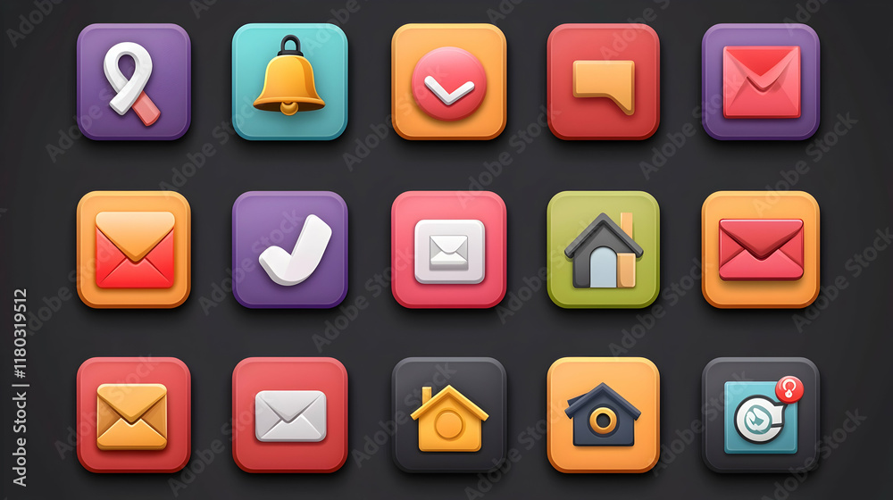 Colorful square app icons, communication, notifications, and home icons on dark background. Possible use mobile app design, UI/UX. Colorful square app icons, communication, notifications, and home icons on dark background. Possible use mobile app design, UI/UX.