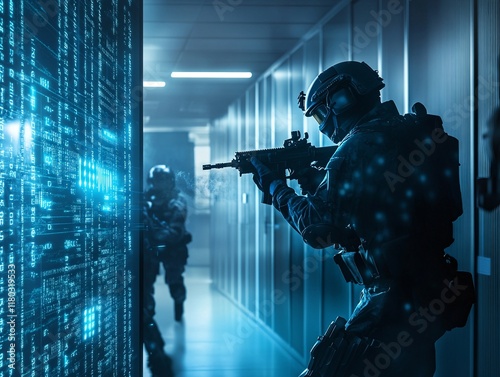 SWAT soldier in data center. Special forces in cyber war. Cybercrime, cybersecurity concept. Data and network protection. Armed FBI agent, police officer in AI cluster corridor. Security guard