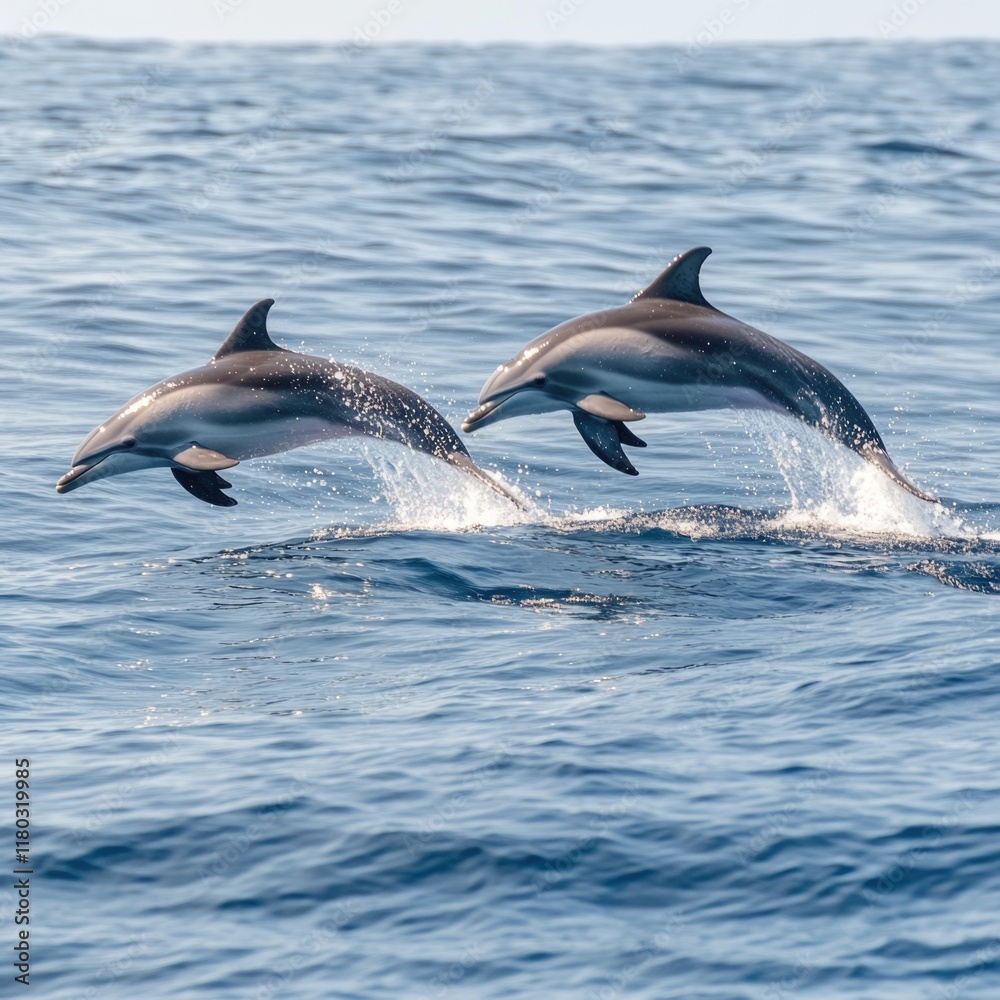 Naklejka premium Two playful dolphins leaping out of the ocean