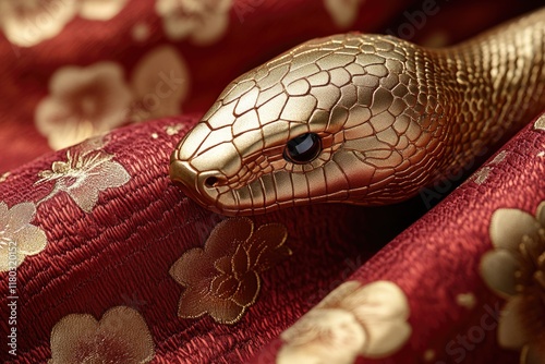 A close-up shot of a snake's head on a red cloth, perfect for use in nature or wildlife photography projects photo