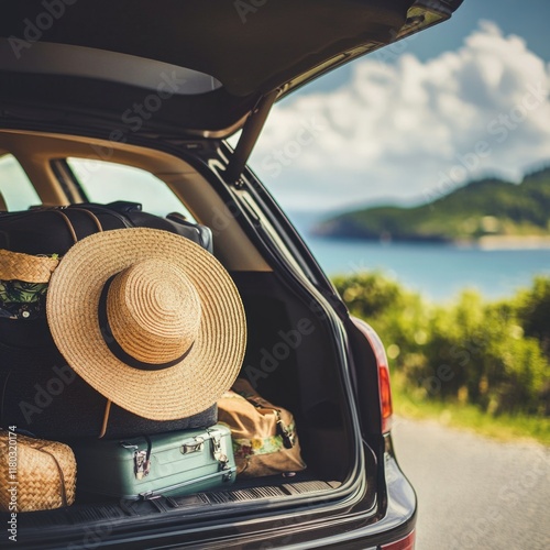 A trunk filled with luggage and a hat, perfect for travel or adventure scenarios photo