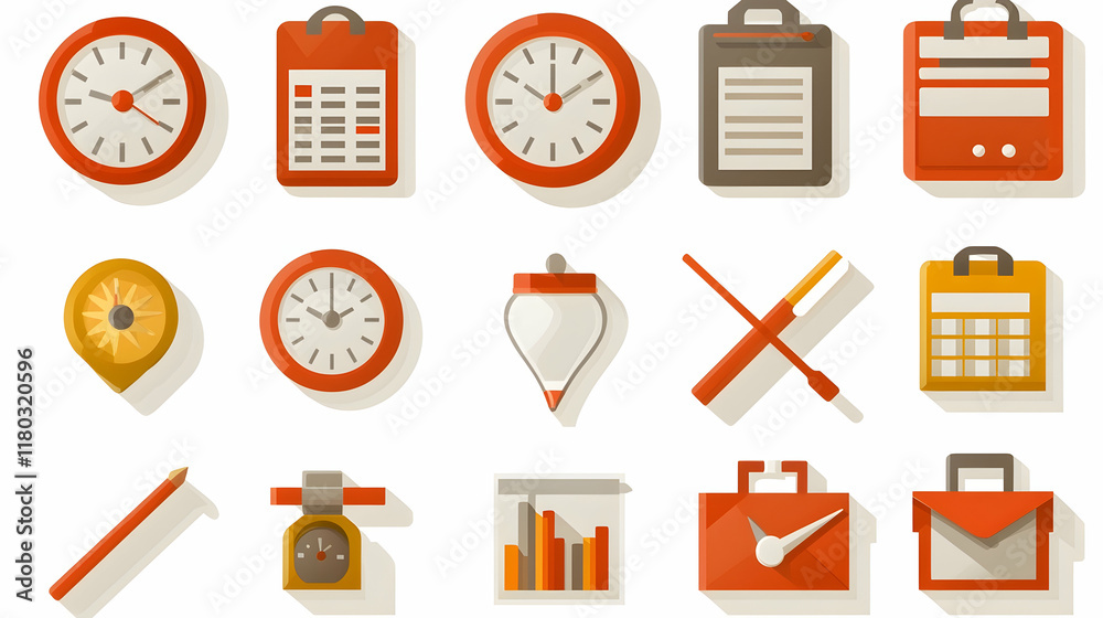 Flat design icons of time management tools, business planning and project management. Flat design icons of time management tools, business planning and project management.