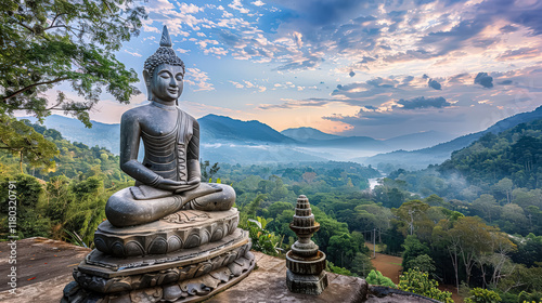 Statue of Buddha is sitting on a rock in front of a beautiful mountain range.