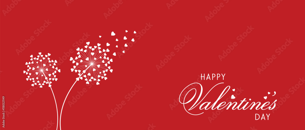 Dandelion with hearts. Happy Valentine's day greeting card. Lovely romance flower. Congratulation with Love. Valentine's day Vector illustration background.