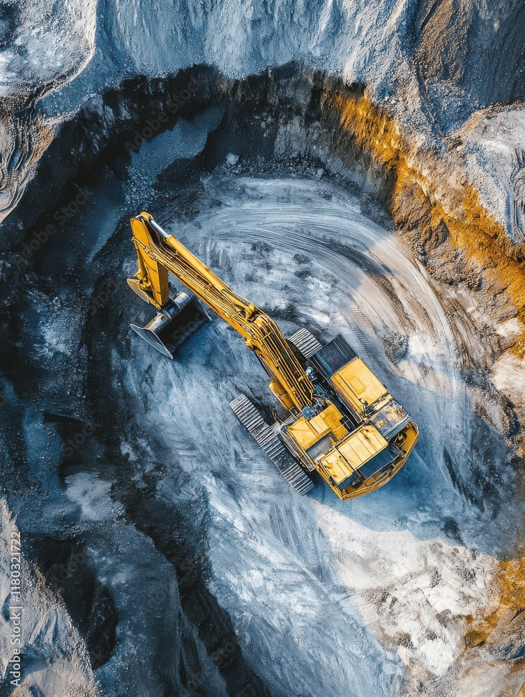 A heavy yellow excavator is actively digging in a large quarry. The machinery creates a circular pattern in the earth, surrounded by rough terrain and piles of dirt A heavy yellow excavator is actively digging in a large quarry. The machinery creates a circular pattern in the earth, surrounded by rough terrain and piles of dirt