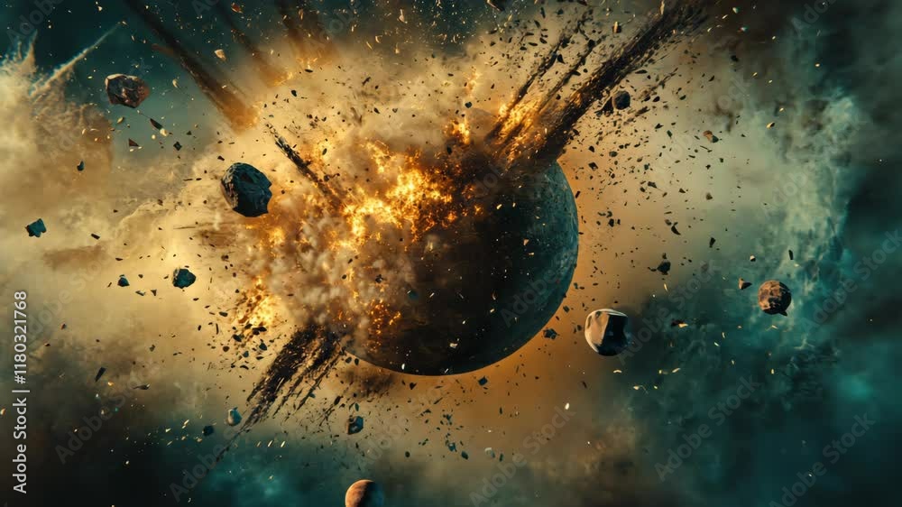 Explosive destruction of a planet in a cosmic event with debris scattering in space