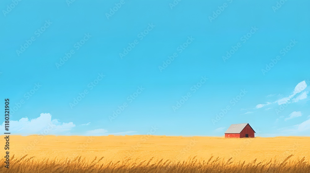 Serene Countryside Barn on Wheat Field Serene Countryside Barn on Wheat Field