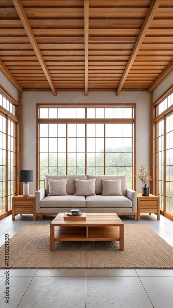 Obraz premium Modern Living Room with Wooden Ceiling and Large Windows, Japandi Style. 