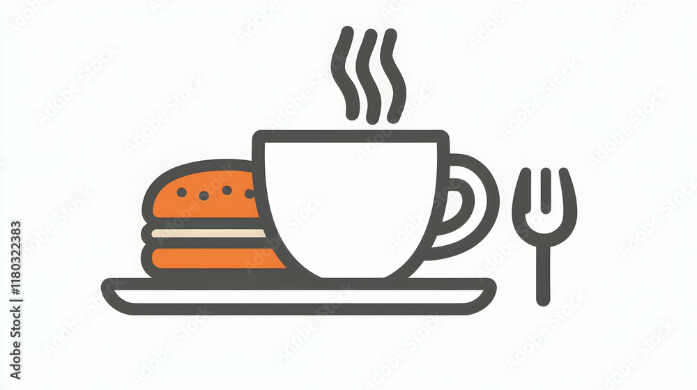 Coffee, cookie, and fork on a plate; breakfast scene. Coffee, cookie, and fork on a plate; breakfast scene.