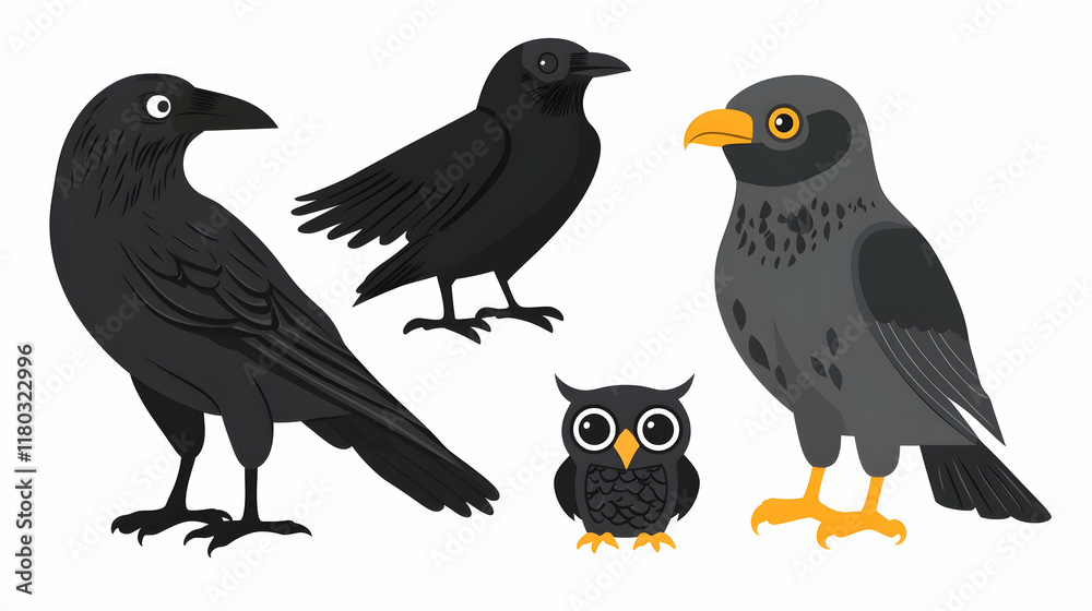 Obraz premium Cartoon crows and owl illustration set on white background.