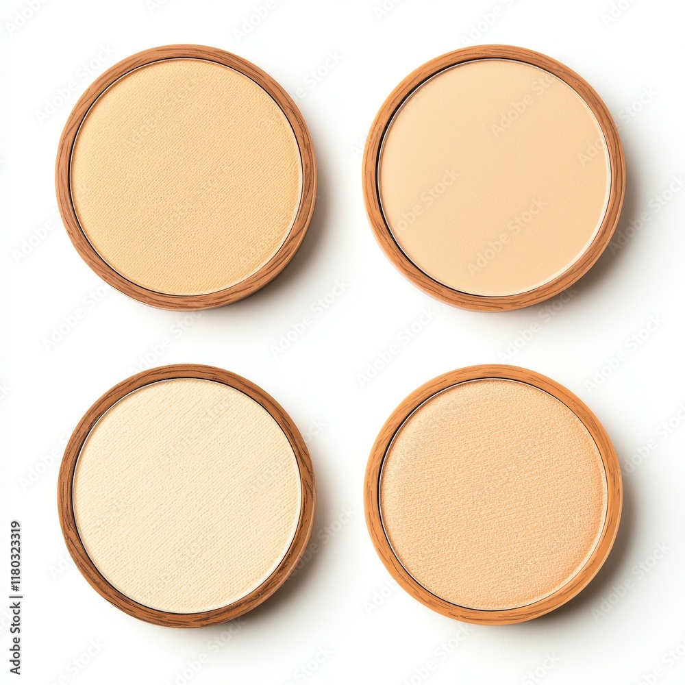 Four circular makeup compacts featuring various shades of powder in natural tones, arranged neatly on a white background. Four circular makeup compacts featuring various shades of powder in natural tones, arranged neatly on a white background.