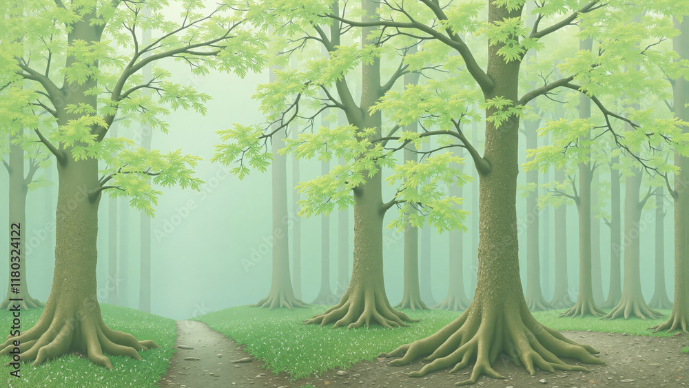Obraz premium Lush green forest with distinctive roots and pathways under a soft misty atmosphere.