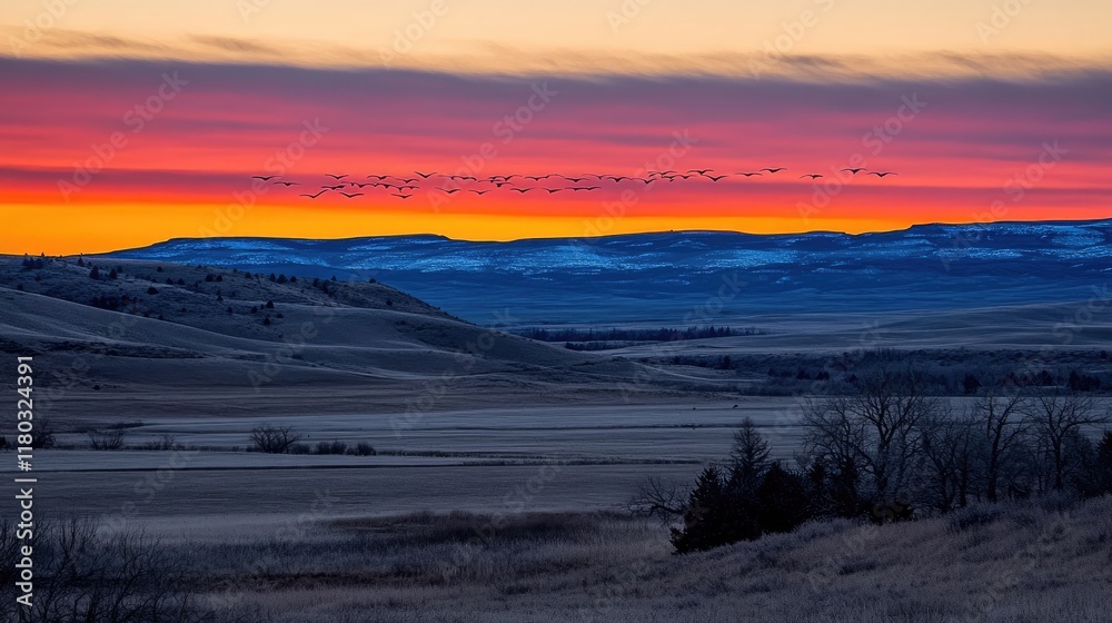 Sunrise over plains with birds migrating. Sunrise over plains with birds migrating.